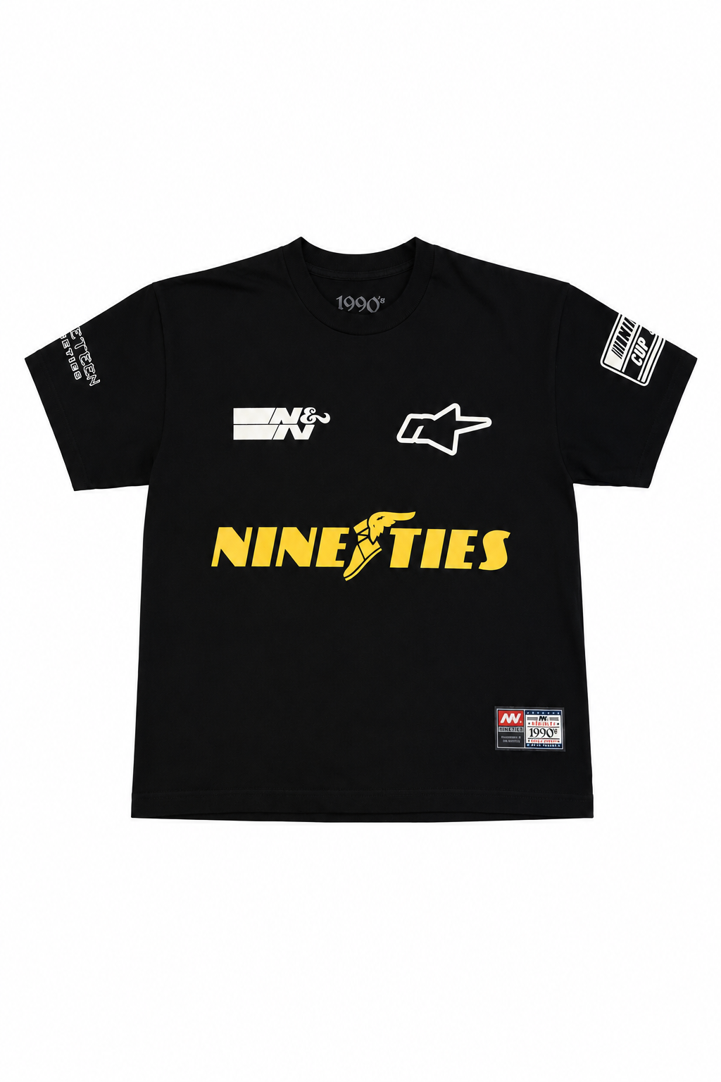 NINETIES Racing tee black front, centered on white background