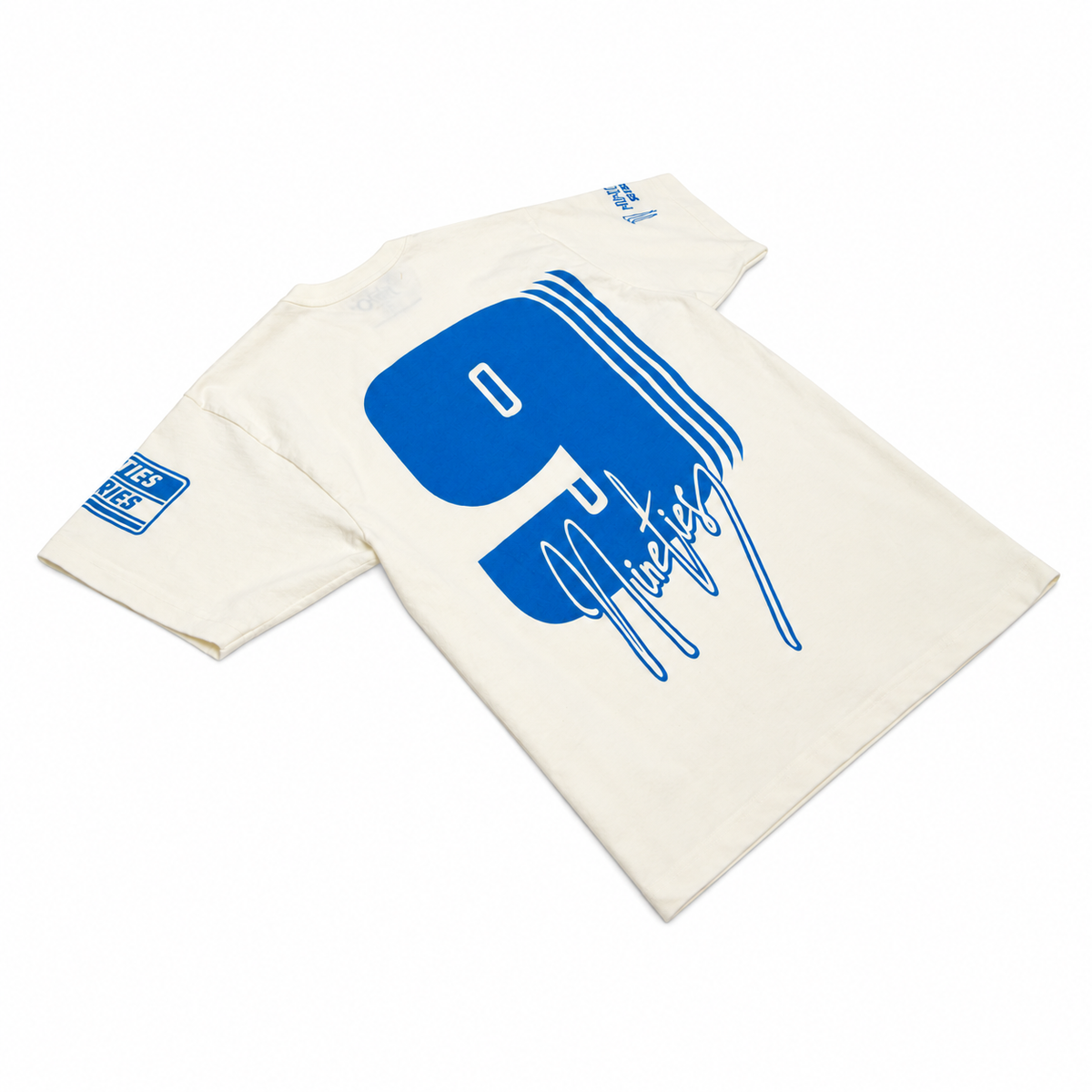 NINETIES Cup Series off-white tee angled view on white
