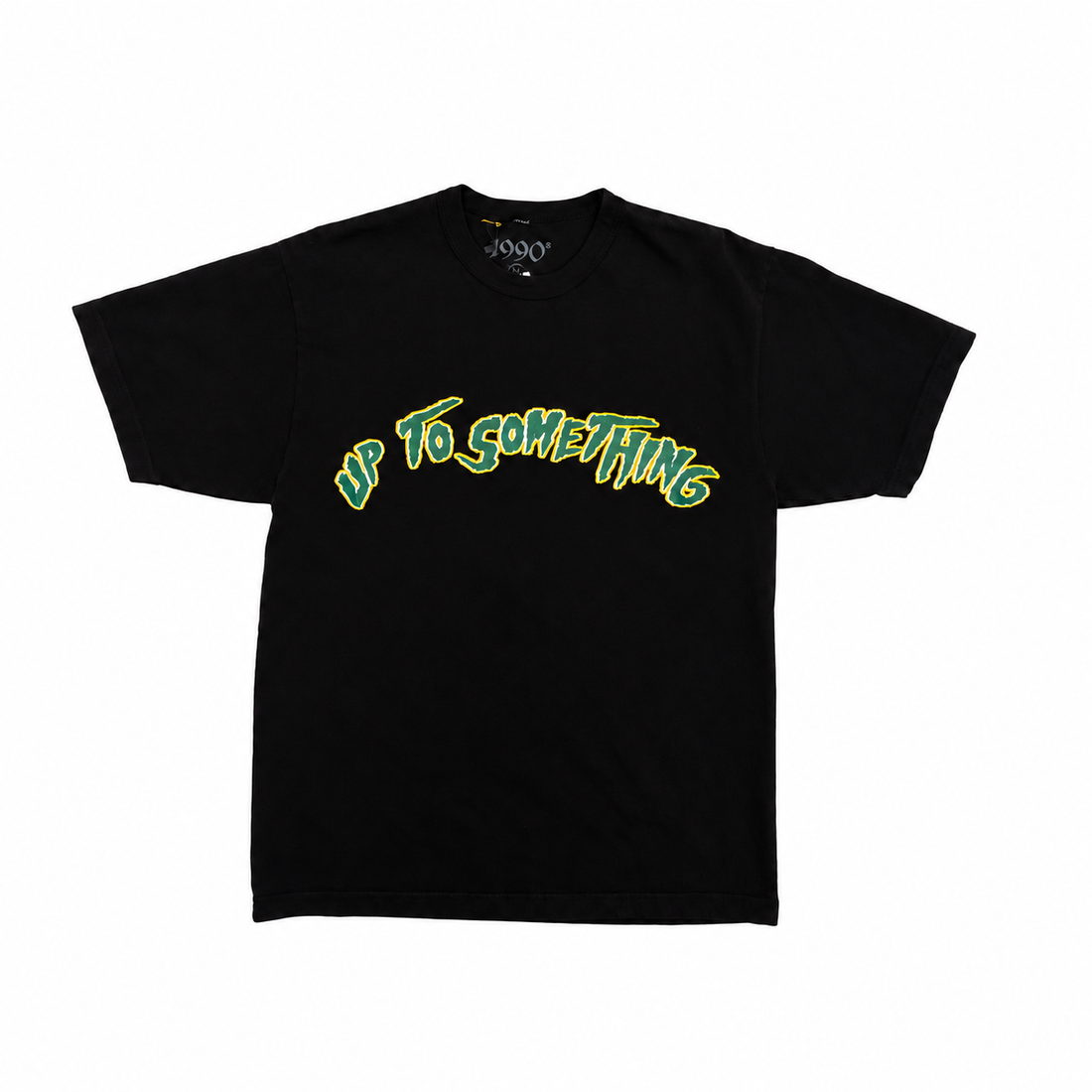 UP TO SOMETHING black tee front view on white